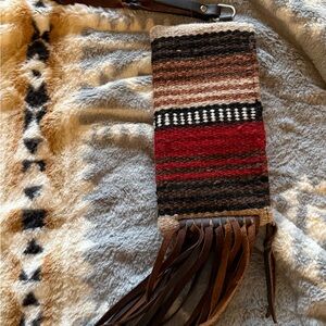 Handwoven Boho Fringe Wristlet Clutch in Red and Brown
